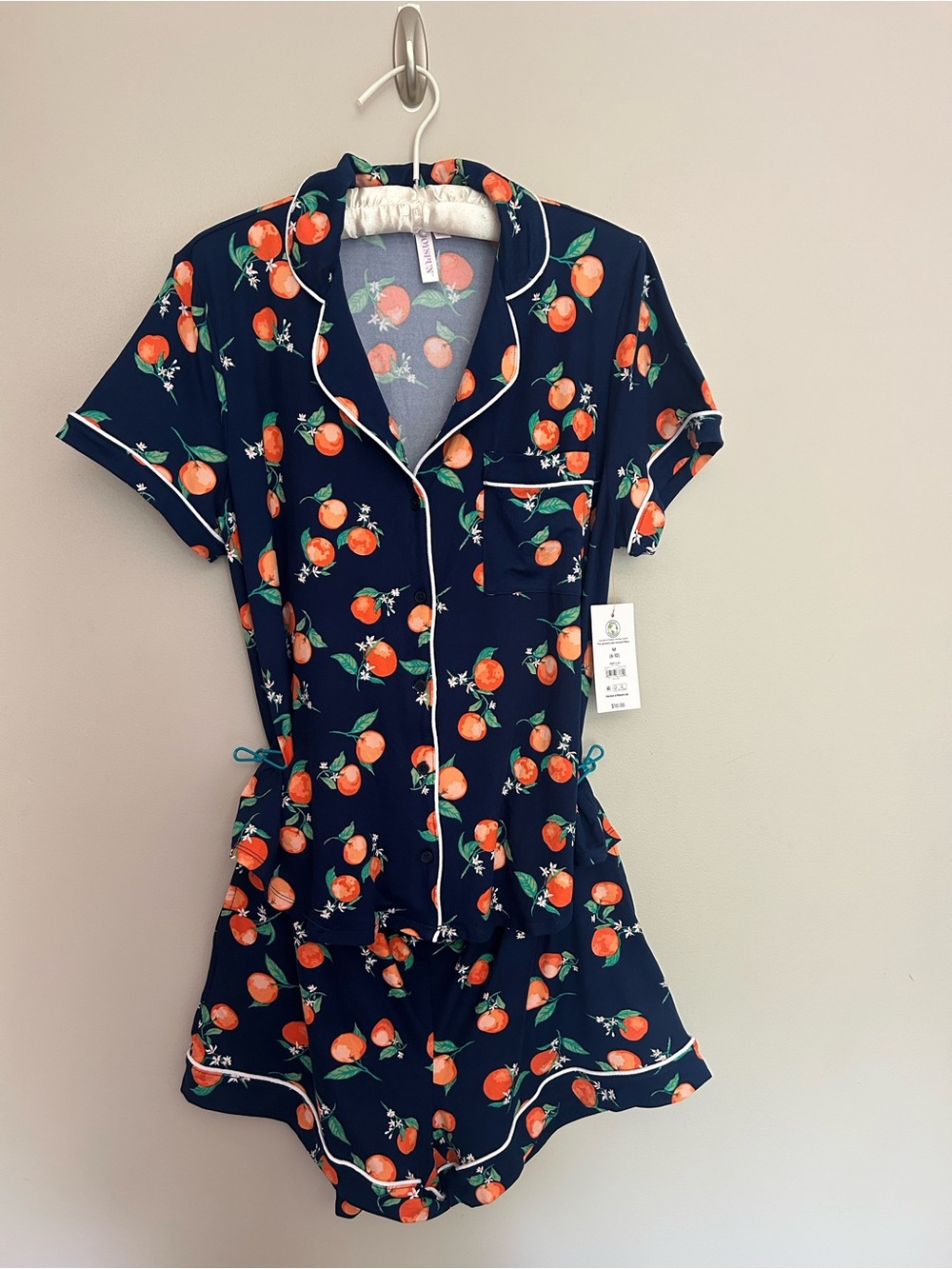 NWT Joyspun Navy Orange Print Short Sleeve Pajama Set , size Med
